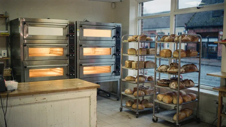 Bakery ovens glowing in a small shop before it opens