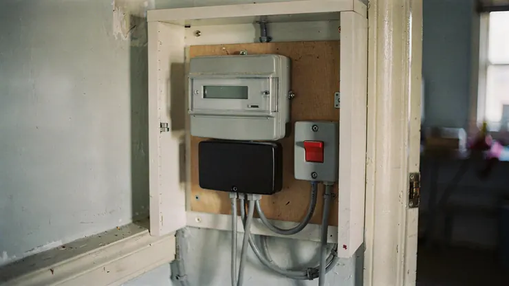 A business electricity meter in a meter cupboard