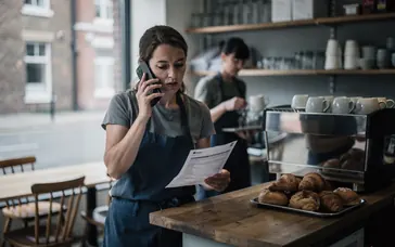 A café owner on the phone at her counter, holding an energy bill