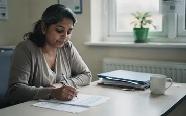 A care home manager signing a form at her desk, with an energy bill beside it