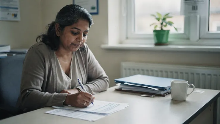 A care home manager signing a form at her desk, with an energy bill beside it
