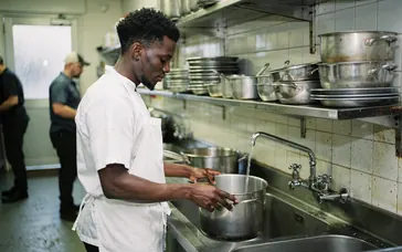 A chef filling a large pot at a commercial kitchen sink