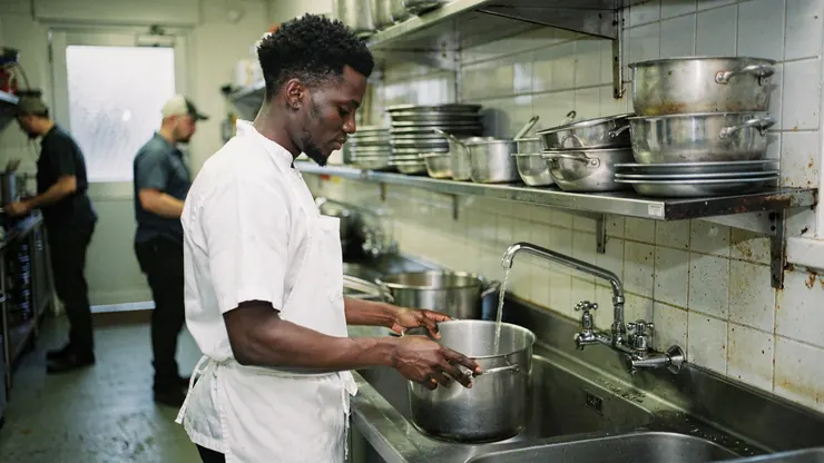 A chef filling a large pot at a commercial kitchen sink
