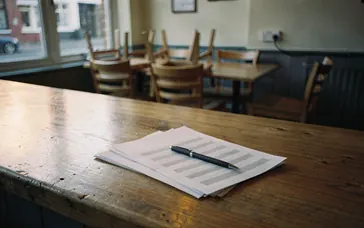 Printed energy contract and pen on a café counter after closing