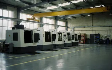 Factory floor with CNC machines and an overhead crane