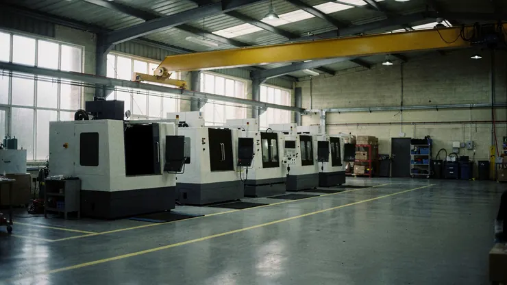 Factory floor with CNC machines and an overhead crane