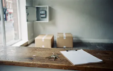 Keys on the counter of an empty shop unit on moving-in day, with the meter cupboard open behind