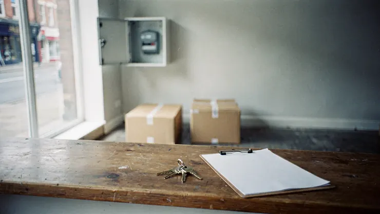 Keys on the counter of an empty shop unit on moving-in day, with the meter cupboard open behind