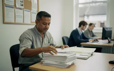 An office manager sorting a pile of letters from energy suppliers