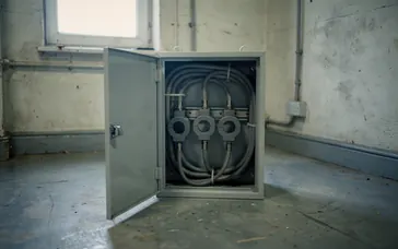 Electricity meter cabinet with current transformers in a factory plant room