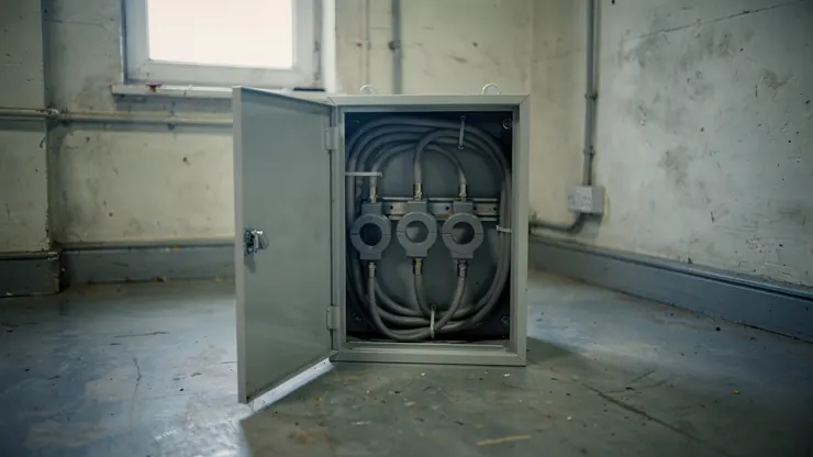 Electricity meter cabinet with current transformers in a factory plant room