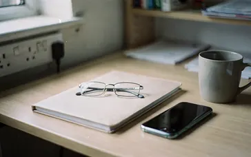 Office desk with a closed document folder, reading glasses and a phone