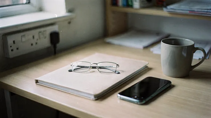 Office desk with a closed document folder, reading glasses and a phone