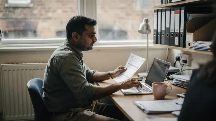 A business owner comparing an energy bill with figures on his laptop