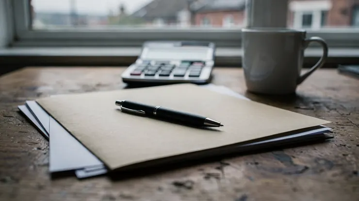 A pen resting on a folder of contract paperwork on an office desk