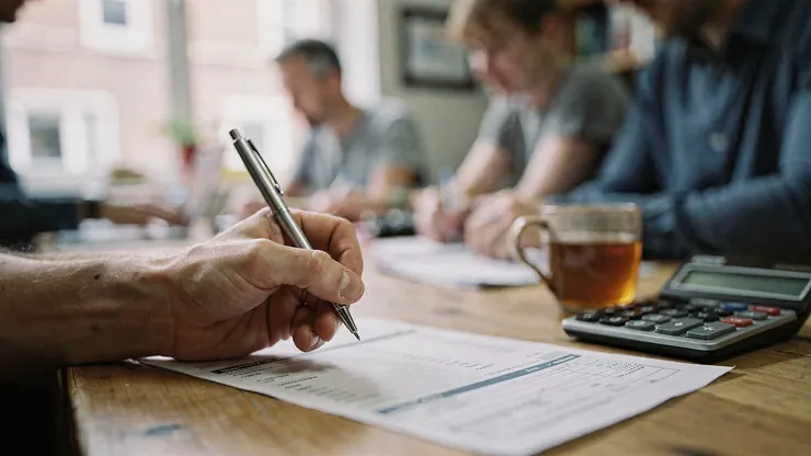 A hand holding a pen over a printed energy bill, next to a calculator