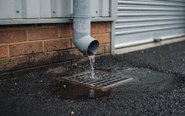 Rainwater running from a downpipe into a drain outside a small business unit