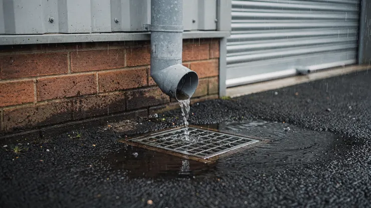 Rainwater running from a downpipe into a drain outside a small business unit