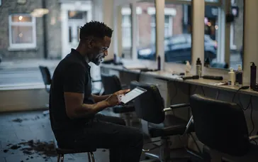A salon owner checking a bill on a tablet in his empty salon after closing