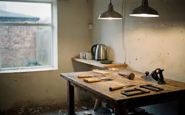 A small workshop at the start of the day, with the lights on over the workbench