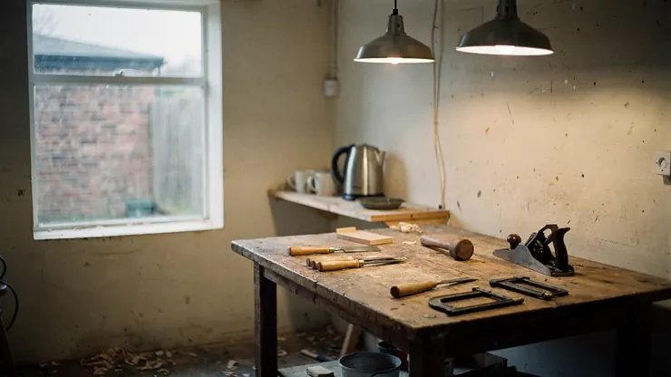 A small workshop at the start of the day, with the lights on over the workbench